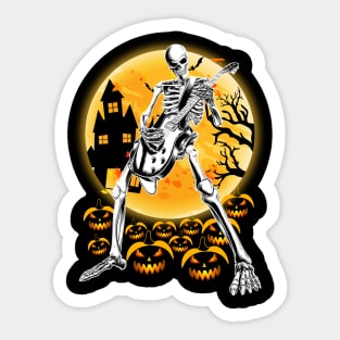 Happy Halloween Funny Skeleton Playing Guitar Pumpkin Sticker